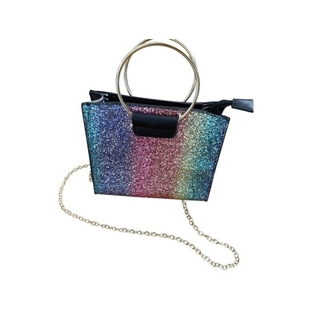 Rainbow Glitter Sparkle Black Handbag Detachable Gold Chain Strap top Handle Bag